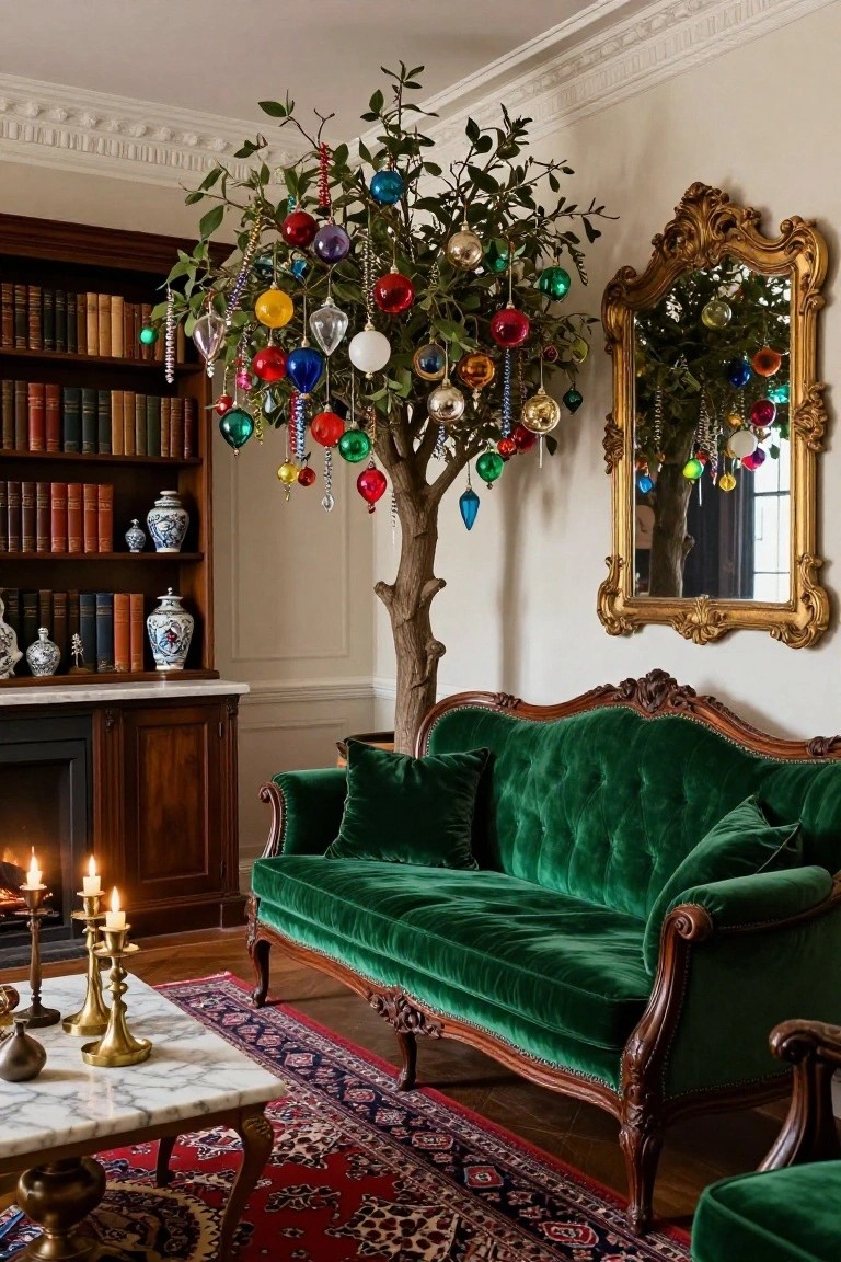 A living room corner featuring a tall potted Christmas tree covered in multicolored glass ornaments and garlands, beside wooden bookshelves, a green velvet sofa, ornate gold mirror, and marble coffee table with candles near a fireplace.
