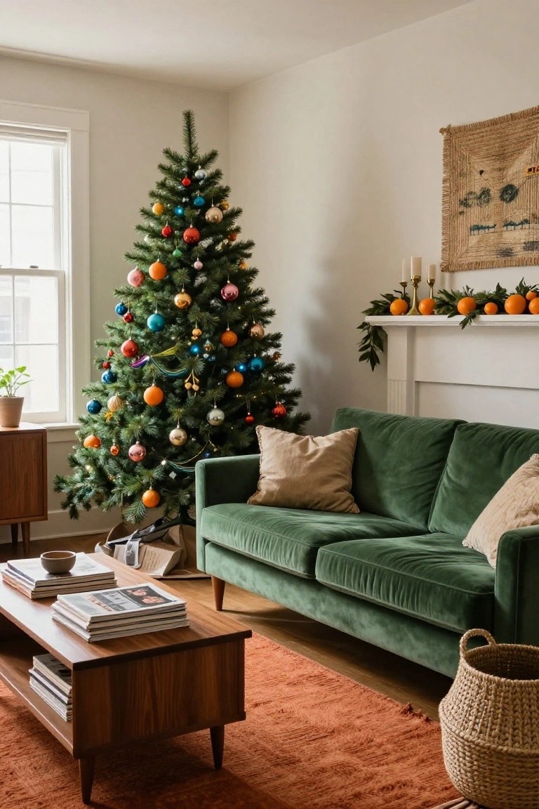 Living room corner with a green Christmas tree decorated in multicolored round ornaments, green velvet sofa, wooden coffee table, and mantel garland with oranges.