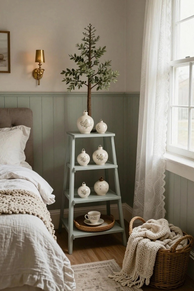 Bedroom corner with sage green wainscoting, a small potted faux olive tree on a mint green tiered wooden shelf holding white ceramic ornaments shaped like baubles and bells, beside a bed with white linens and a window with lace curtains.