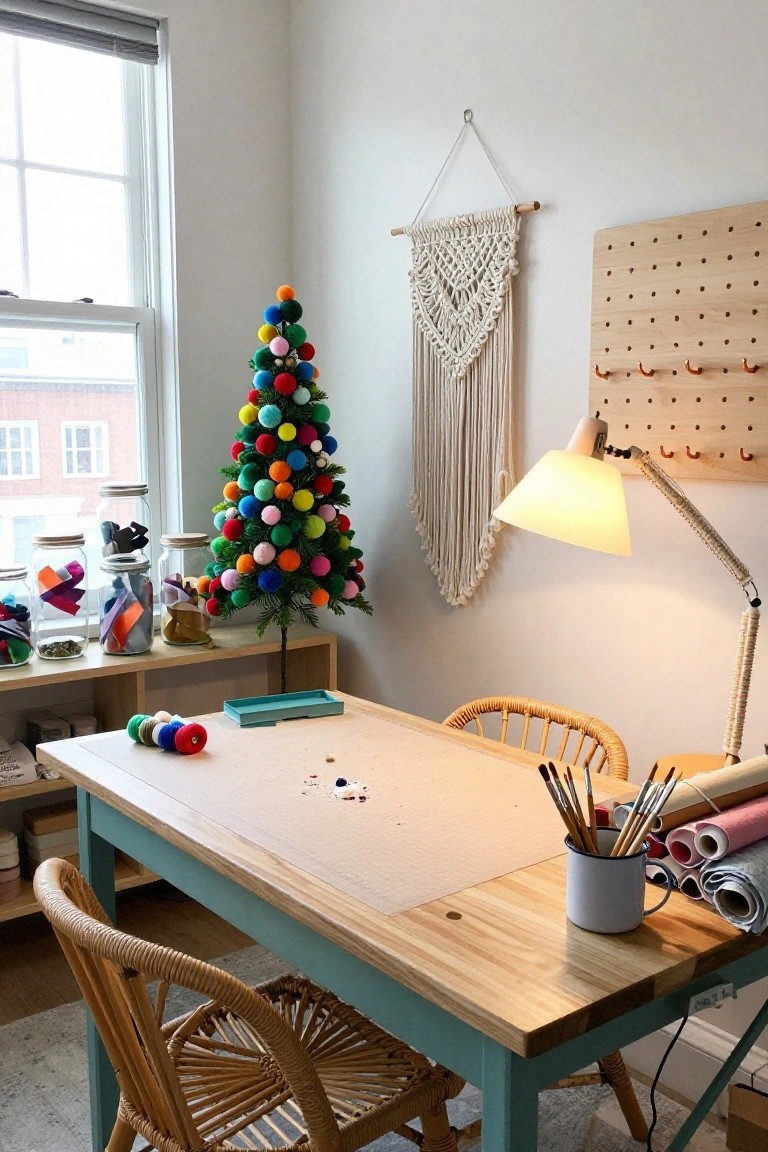 A small artificial Christmas tree covered in multicolored pom-poms stands in a craft room near a wooden desk with paintbrushes, paper rolls, and art supplies, with shelves of jars and a macrame hanging on the wall.