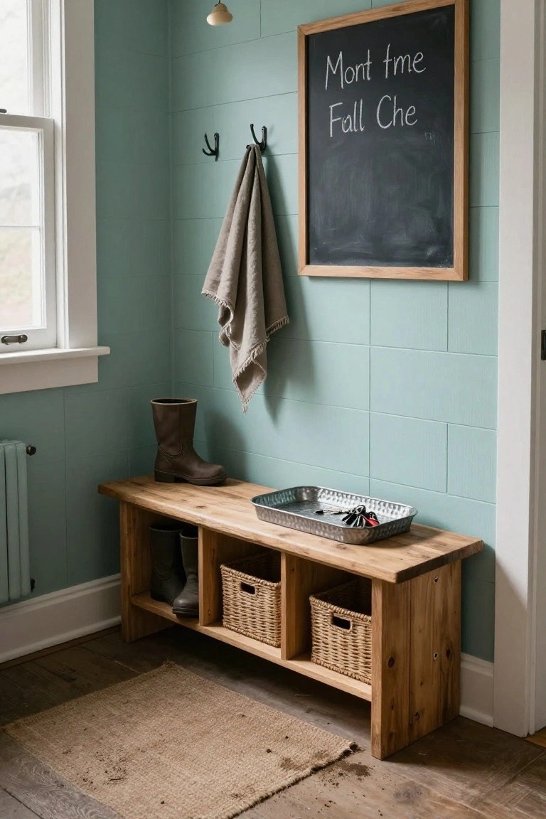 Teal tiled entryway corner with wooden bench having boot cubbies, wicker baskets, metal key tray, hanging towel, single boot on floor, and chalkboard on wall.