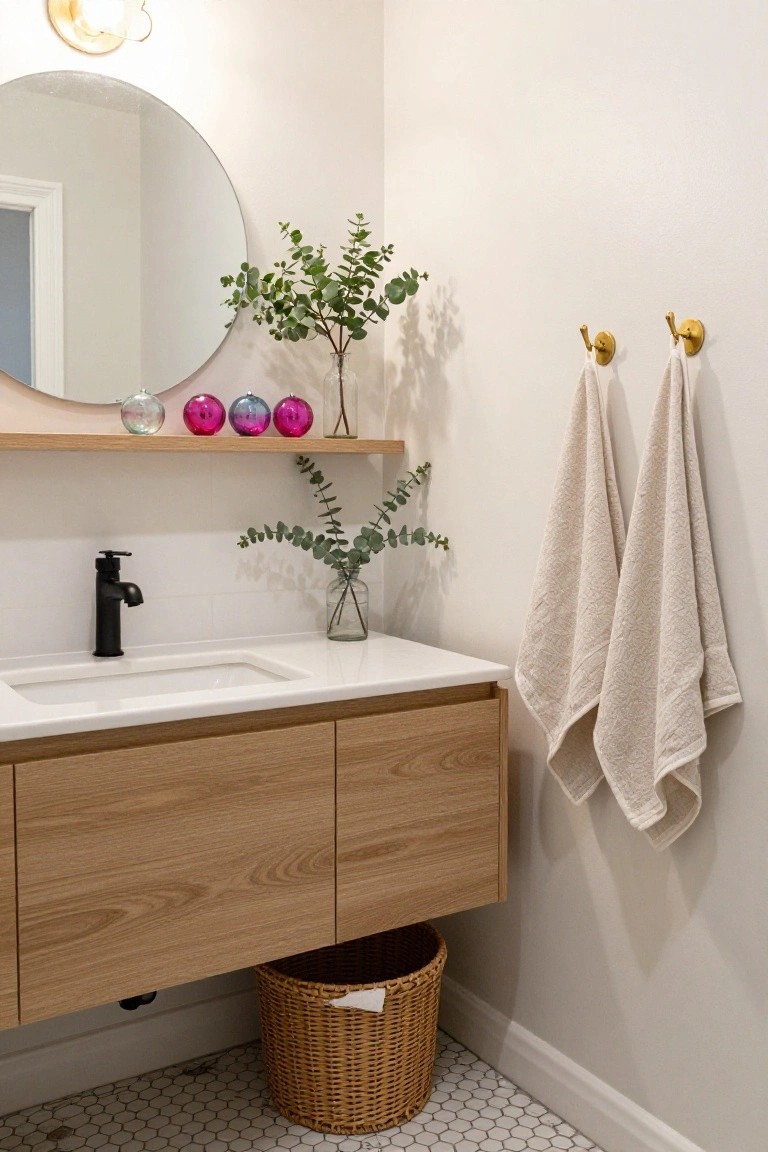 Modern bathroom with floating oak vanity, white undermount sink, black faucet, round mirror, wooden shelf holding colorful glass ornaments and eucalyptus in vase, beige towels on gold hooks, wicker trash basket, and white hexagon tile floor.
