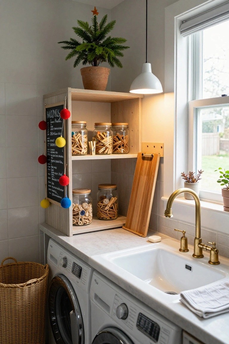 Laundry room corner shelf unit with small potted artificial Christmas tree, jars of wooden clothespins and clips, hanging colorful pom-poms, chalkboard sign, wooden cutting board, next to white farmhouse sink, gold faucet, washer and dryer.