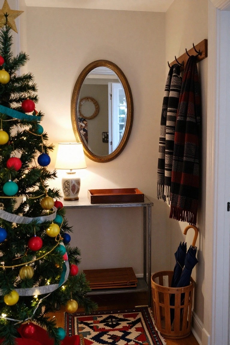 Small artificial Christmas tree with multicolored ornaments and lights stands in a narrow indoor entryway next to a metal console table holding a ceramic lamp and wooden tray, across from an oval gold-framed mirror, with coats on wall hooks, umbrellas in a wooden basket, and a patterned rug on the floor.
