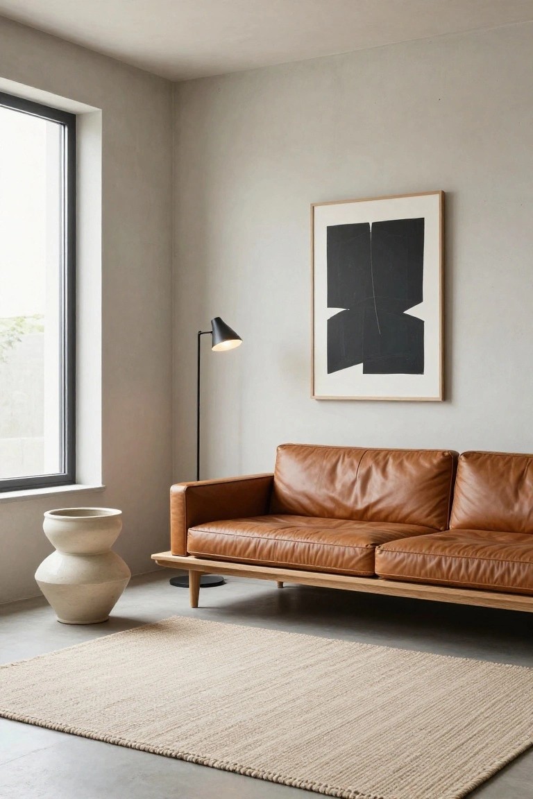 Modern living room corner with tan L-shaped leather sofa on oak legs, large white ceramic vase, beige seagrass rug on concrete floor, black floor lamp, abstract black and white framed artwork on light gray wall, and large window.