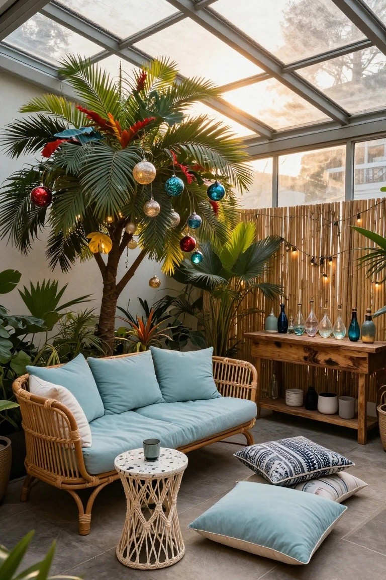 Glass-roofed enclosure with a palm tree decorated as a Christmas tree using colorful hanging ornaments and lights, surrounded by tropical plants, a wooden side table with bottles, rattan sofa with blue cushions, low table, and floor pillows.