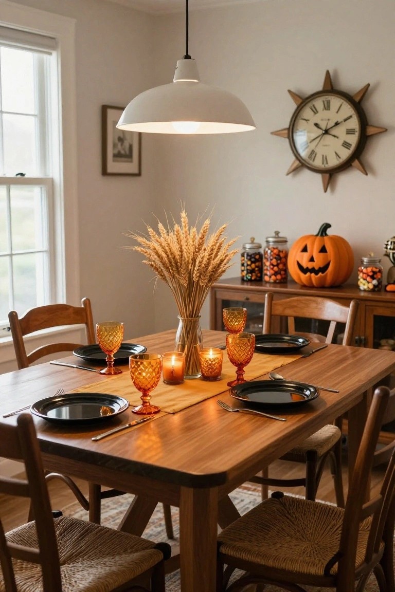 Round wooden dining table in a dimly lit room, draped with a black velvet runner and multiple amber glass candle holders and a brass candelabra, surrounded by rattan chairs, with a black cat statue, ferns, pumpkins, and geometric black curtains visible.