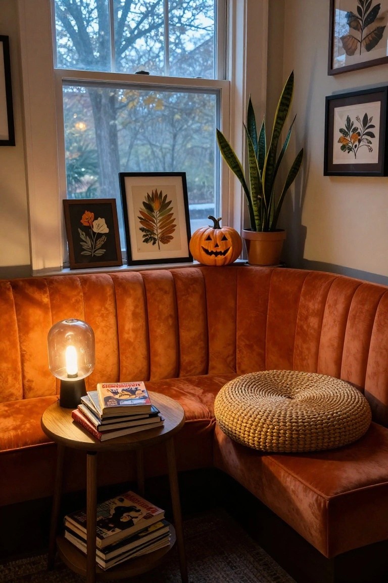 Basement lounge interior with mustard yellow velvet sofa, wooden bar cart holding jack-o-lanterns and liquor bottles on shelves, concrete walls, string lights, record player, and Halloween artwork.