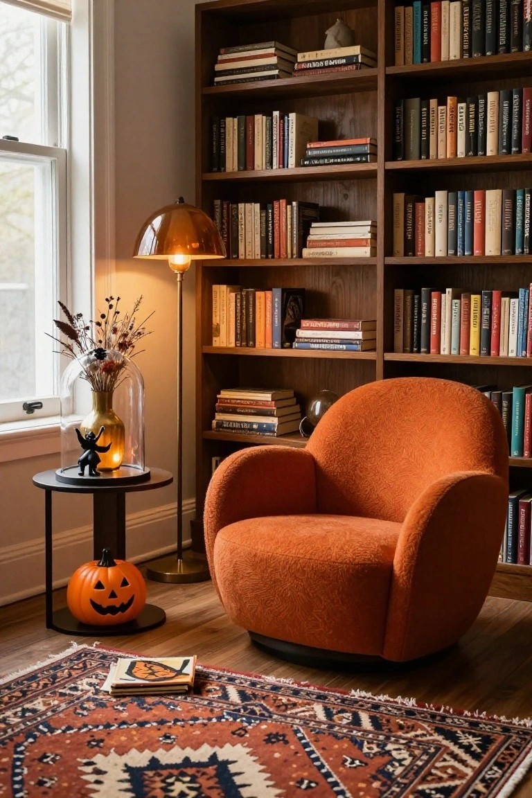 Sunlit room corner with large windows, potted plants including ferns and spider plants, rattan armchair draped in orange blanket, wooden table holding pumpkins and lantern, brass watering can, and seagrass rug on tiled floor.