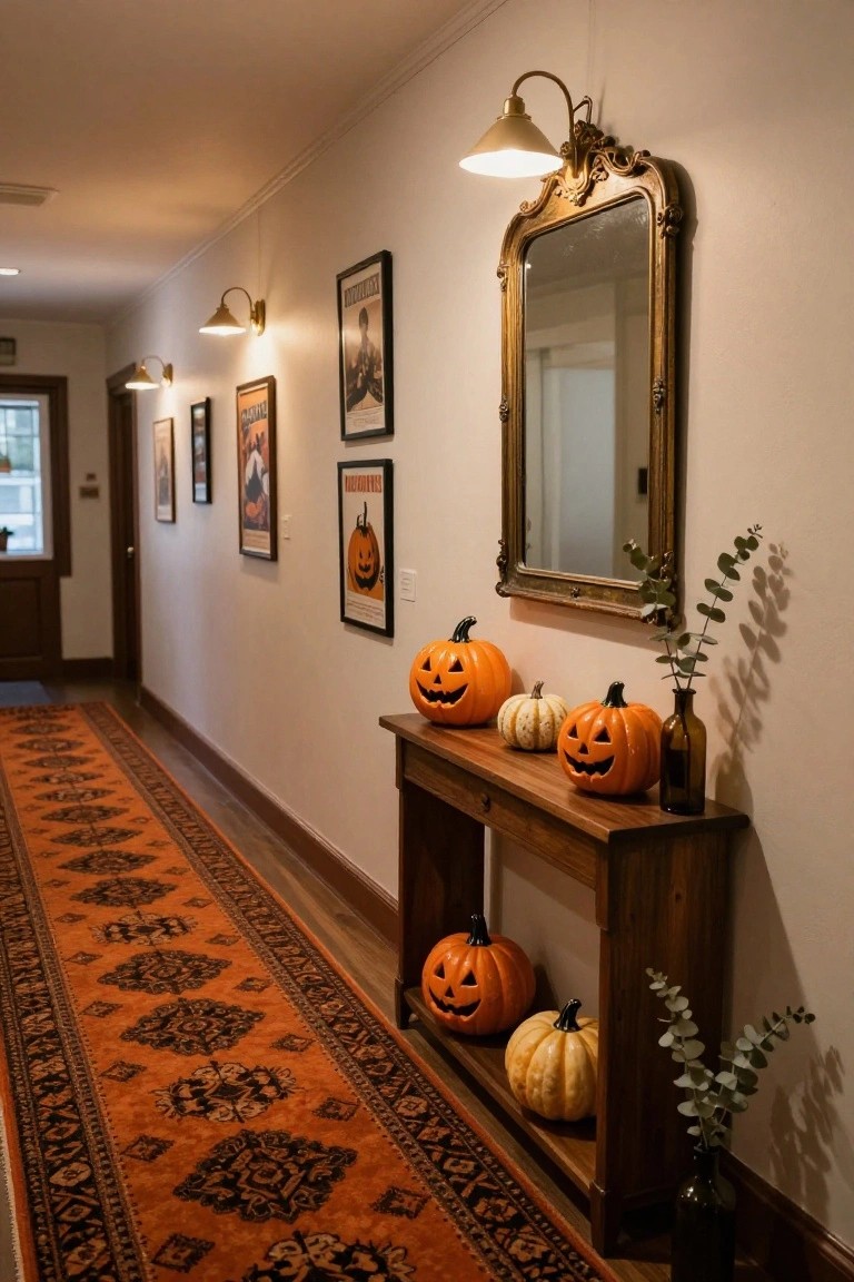 Corner booth seating with orange tufted velvet cushions around a round burled wood table holding two white mugs and a napkin, under an orange pendant lamp, with pumpkins, wheat sheafs, and a plant on a wooden shelf next to plaid curtains and a window.