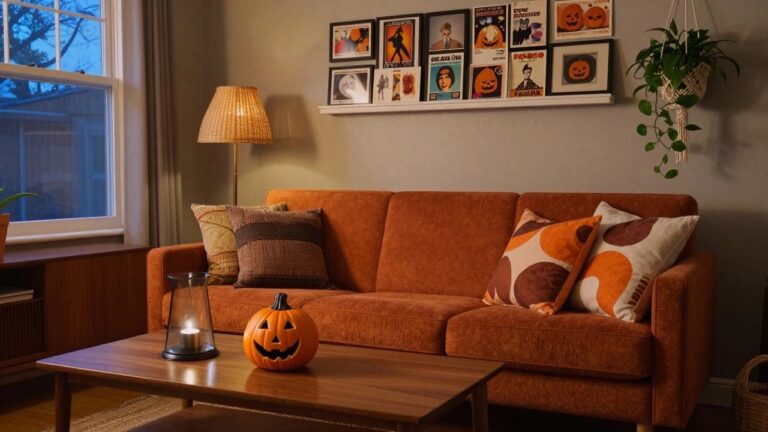 Cozy living room with mustard yellow velvet sofa, three orange jack-o-lanterns on black fireplace stove, orange tripod floor lamp, gold sunburst mirror, and beige patterned wallpaper.