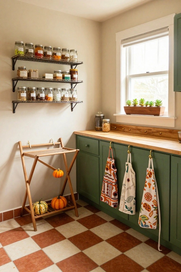 Laundry room with orange front-load washer, white cabinets holding wicker baskets, Halloween decorations including orange pumpkin wall plaque, PARTEEE sign, ghost garland, potted ferns, and black-and-white checkered floor tiles.