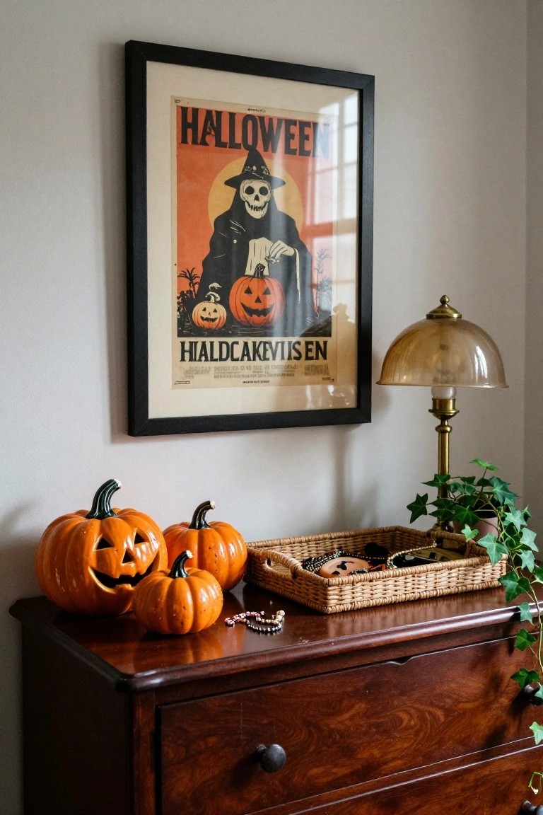 Laundry room with two orange front-loading washers and dryers side by side, burlap shelf above holding jars of dried orange slices, small pumpkin, scale with oranges, cat figurines, towels on hooks, and white basin nearby.