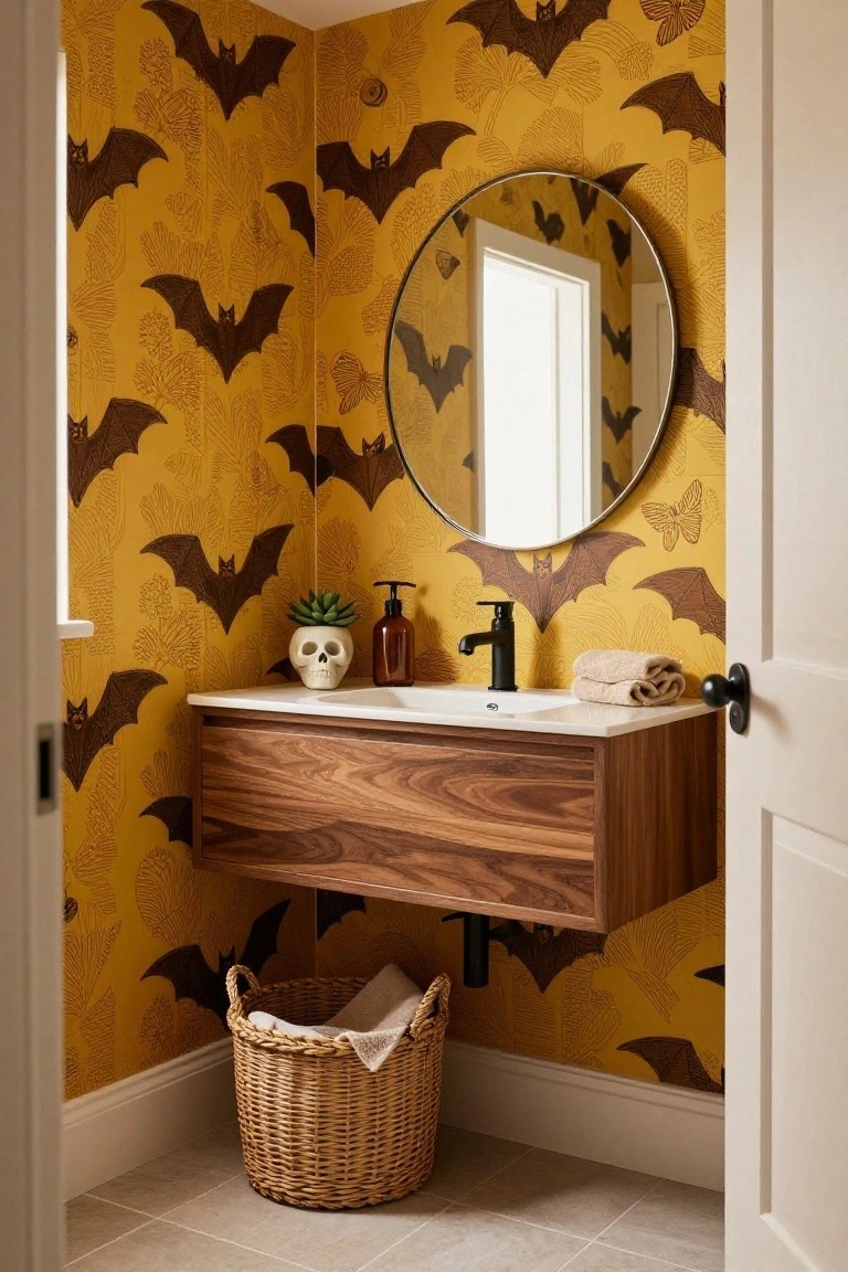 Green paneled mudroom alcove with wooden coat hooks over black and white tiles, built-in bench holding cushion, wellington boots, carved orange pumpkin, and ivy plant in pot, plus hanging bronze lantern.