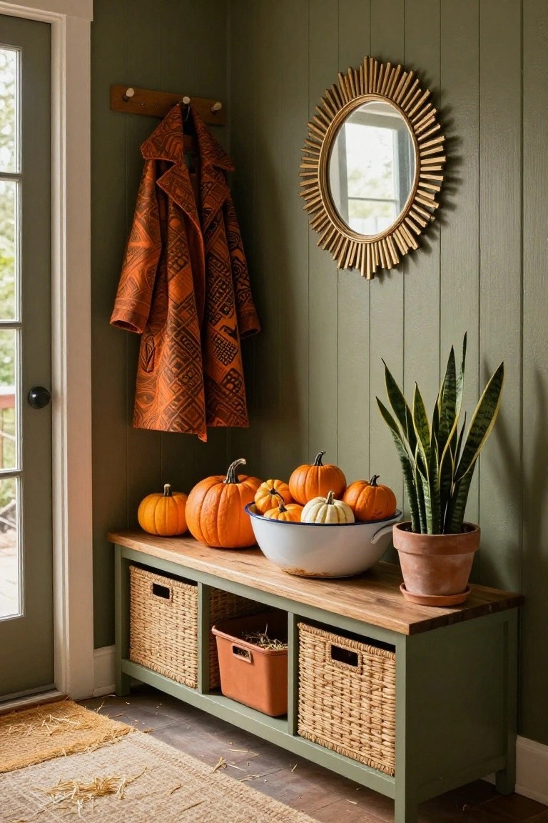 White vintage sewing machine on a worktable with scattered black felt bats, orange marigolds in a wicker basket, paintbrushes, and orange and black fabrics on wooden shelves in a craft room.