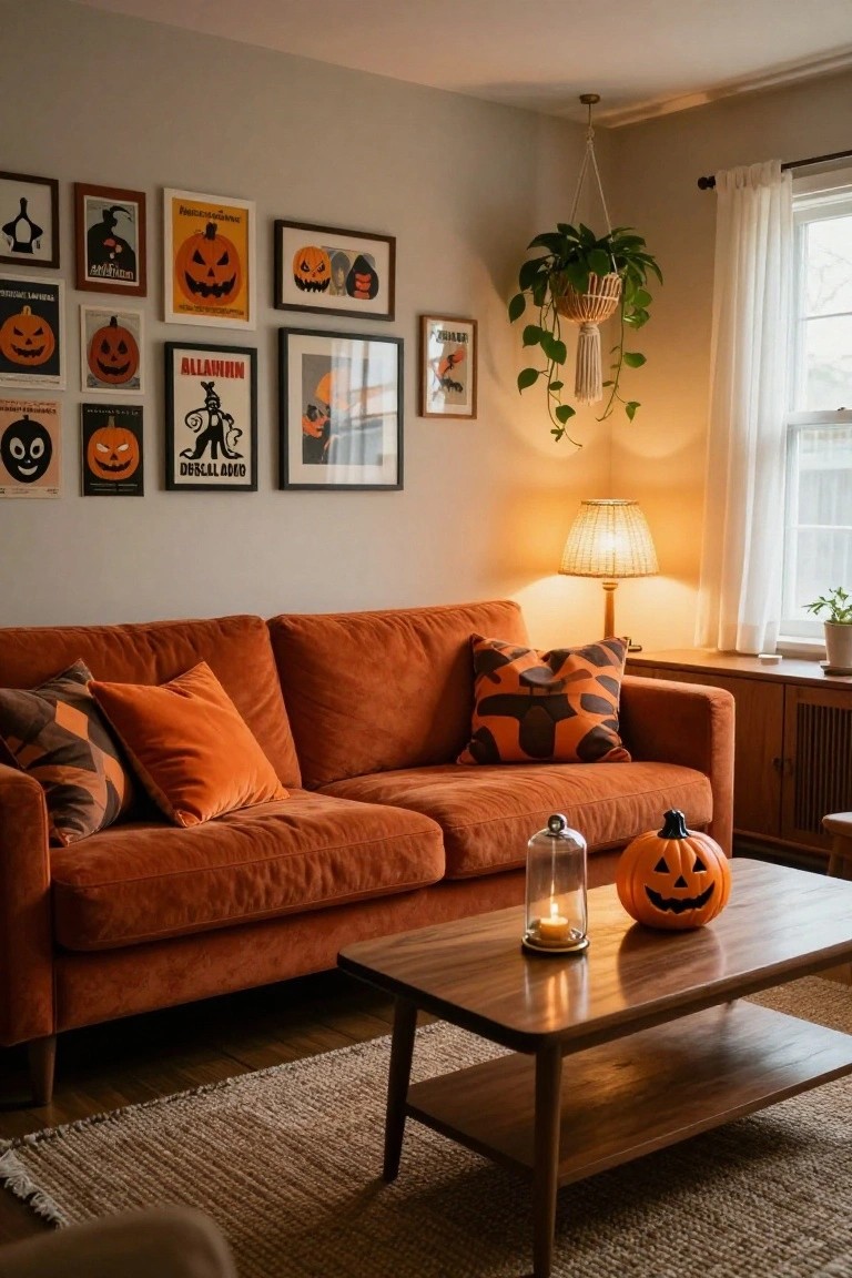 Cozy living room with mustard yellow velvet sofa, three orange jack-o-lanterns on black fireplace stove, orange tripod floor lamp, gold sunburst mirror, and beige patterned wallpaper.