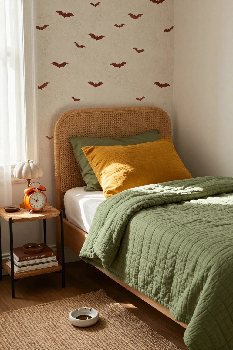 Bedroom with rattan headboard bed covered in orange plaid duvet and pillows, macrame wall hanging featuring gold circle and bats above it, snake plant by window with patterned curtains, brass globed lamps on nightstand, and tan leather armchair with throw.