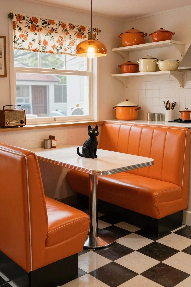 A child's room interior with an orange wooden changing table and matching bookshelf topped by four black cat plush toys, filled with Halloween books and decorations including jack-o-lanterns, paper ghosts, and star cutouts.
