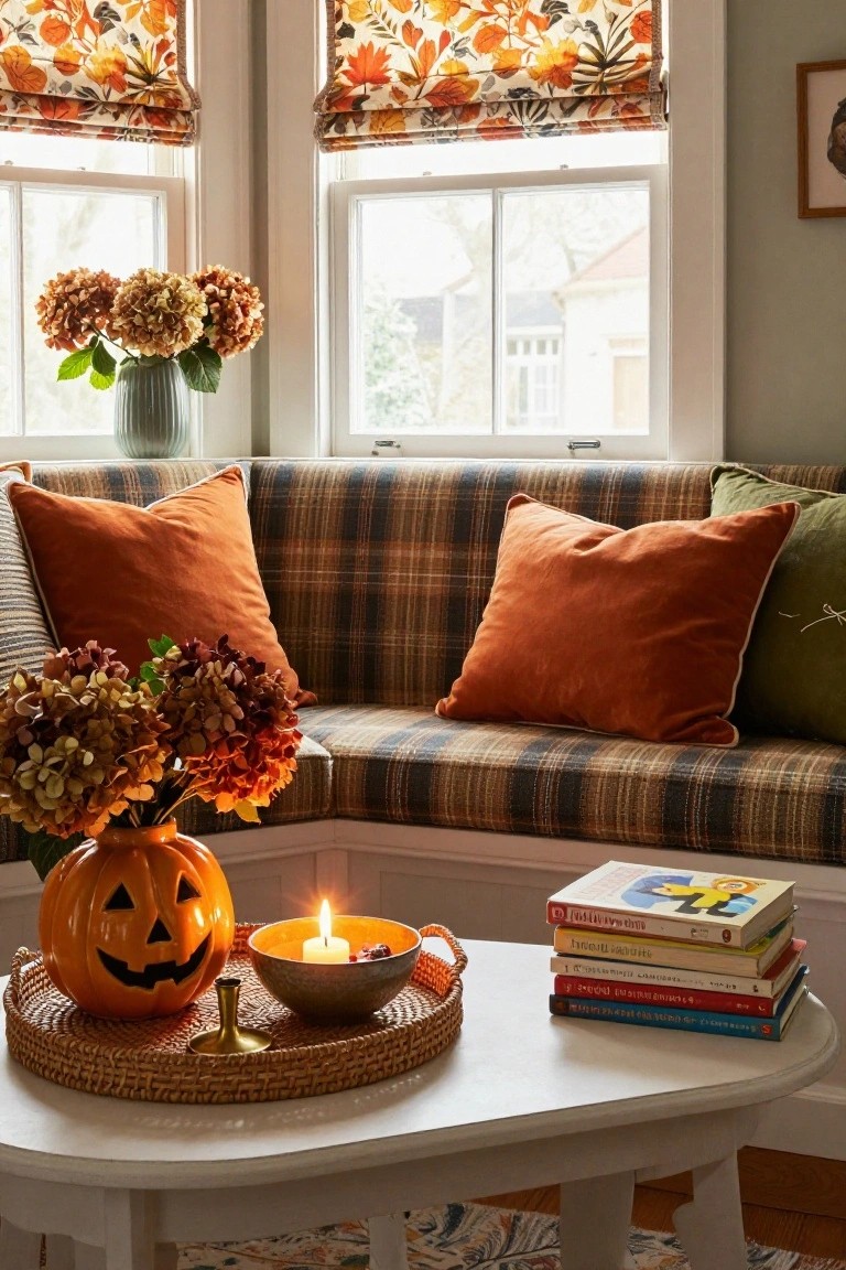 Wooden staircase in a beige hallway with a dark wood console table holding multiple orange jack-o-lantern candles and pumpkins, a plaid chair beside it, hanging plants, and orange Halloween buckets on the floor.