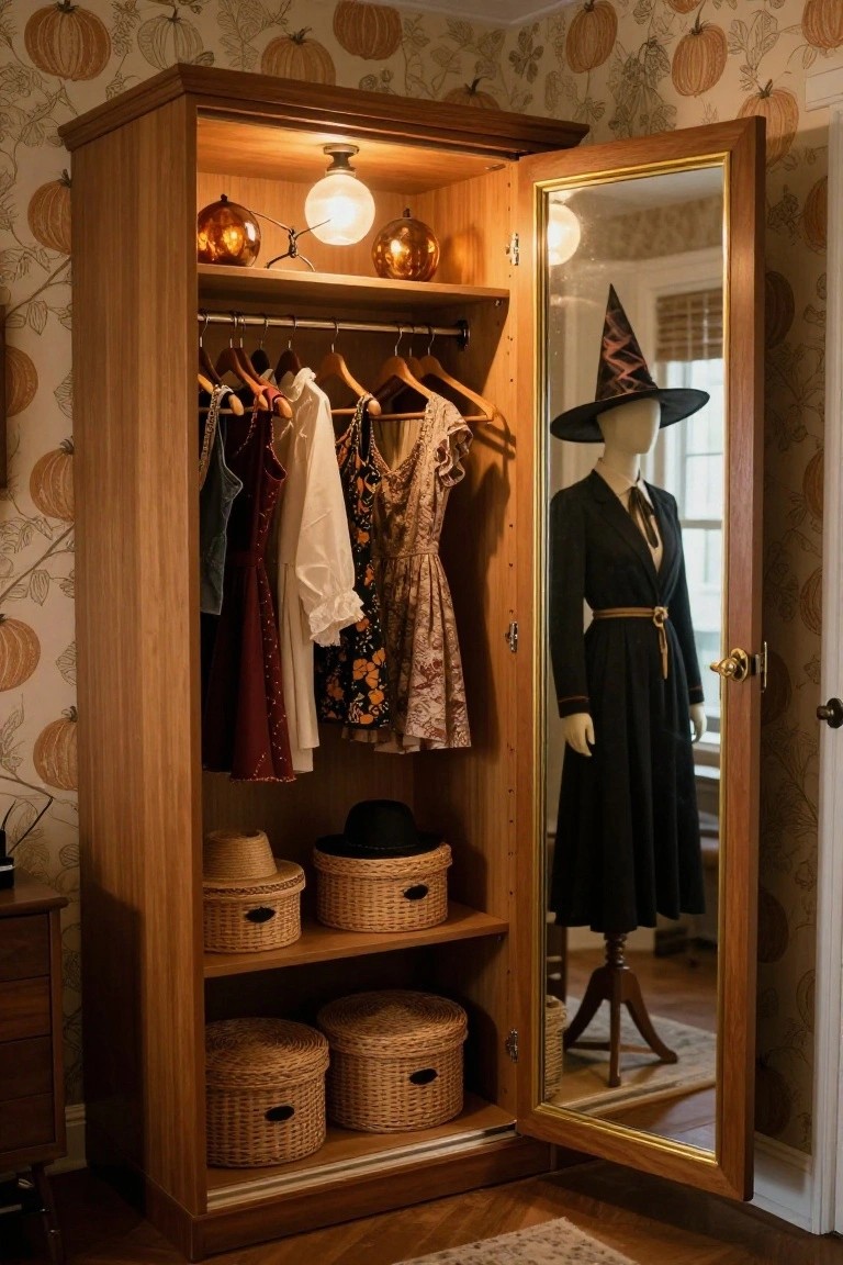 Close-up view of a white-walled hallway with a wooden console table holding a black vintage typewriter, two carved orange pumpkins, books, and a blue umbrella stand nearby, retro Halloween posters and a lamp on the wall, dried flowers in a vase, and an open door at the end.