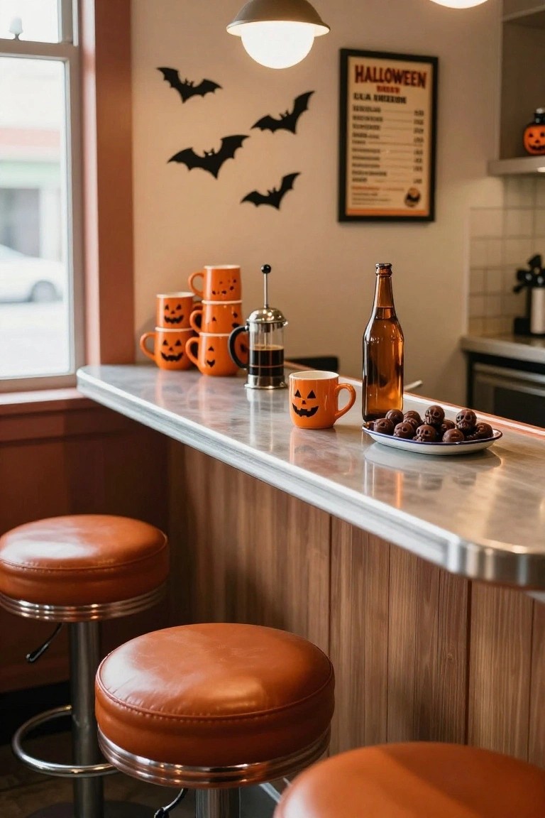 Open kitchen cabinet with wooden shelves holding labeled glass jars of spices like peppercorns, ginger, and beans, plus pumpkins on a scale, dried herbs hanging, and an orange jack-o-lantern pot against orange tiled walls.