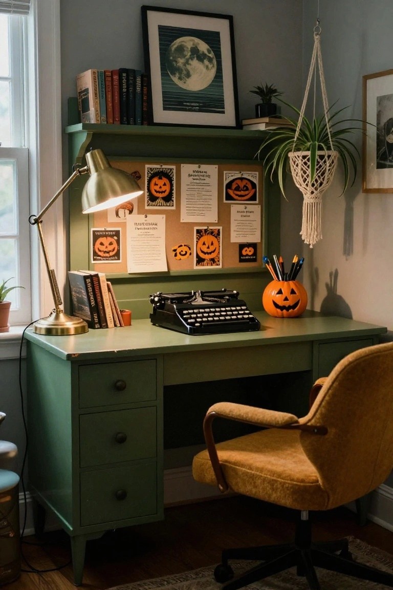 Dark wooden desk with purple velvet chair, black rotary phone, stack of books, golden skull globe, and brass lamp on woven mat, flanked by tall bookcases filled with books, glass jars, and plants in a softly lit room.