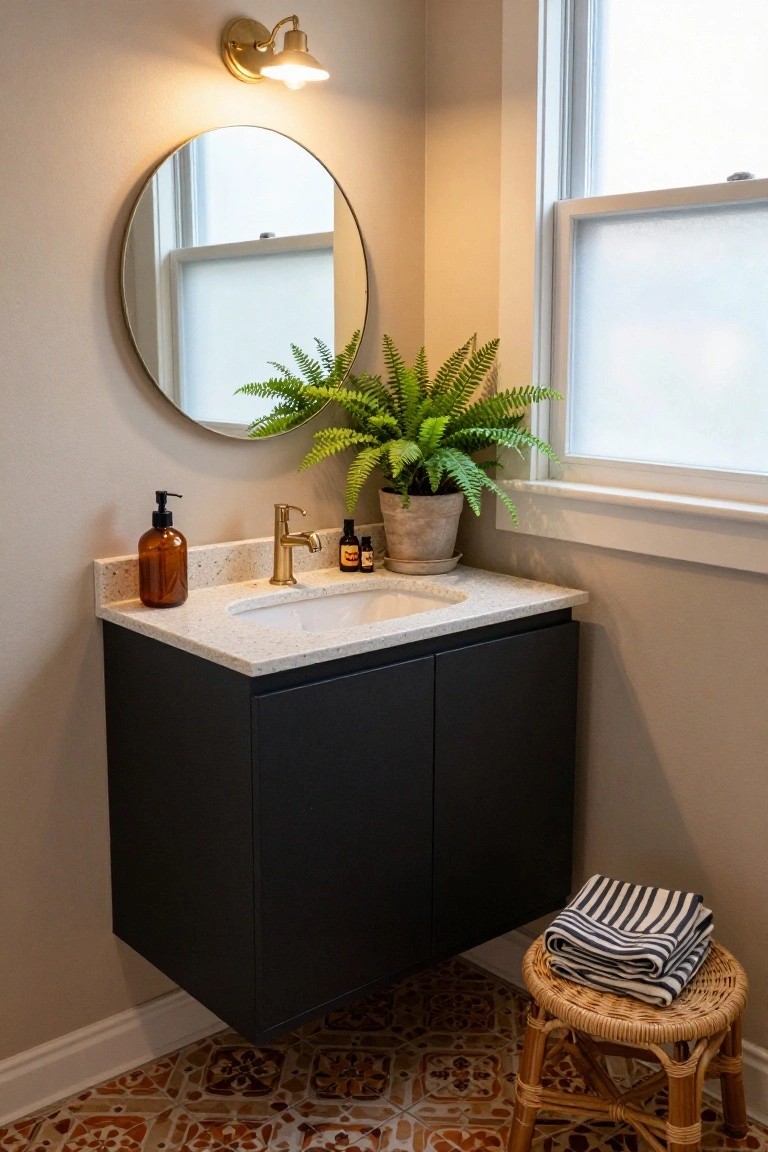 Entryway interior with wooden console table holding three white pumpkins, gold-framed arched mirror above, beige cushioned bench beside, towel on wall hook, black umbrella stand, and terracotta tile floor.