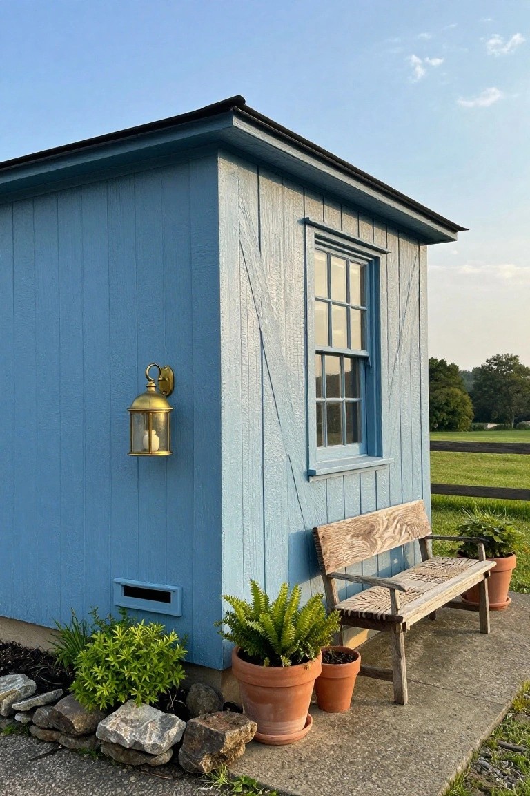 Corner view of a light blue board-and-batten wooden shed with a six-over-six window, brass wall lantern, rustic wooden bench, potted ferns and shrubs, rock garden border, on a concrete pad next to a field under a partly cloudy sky.