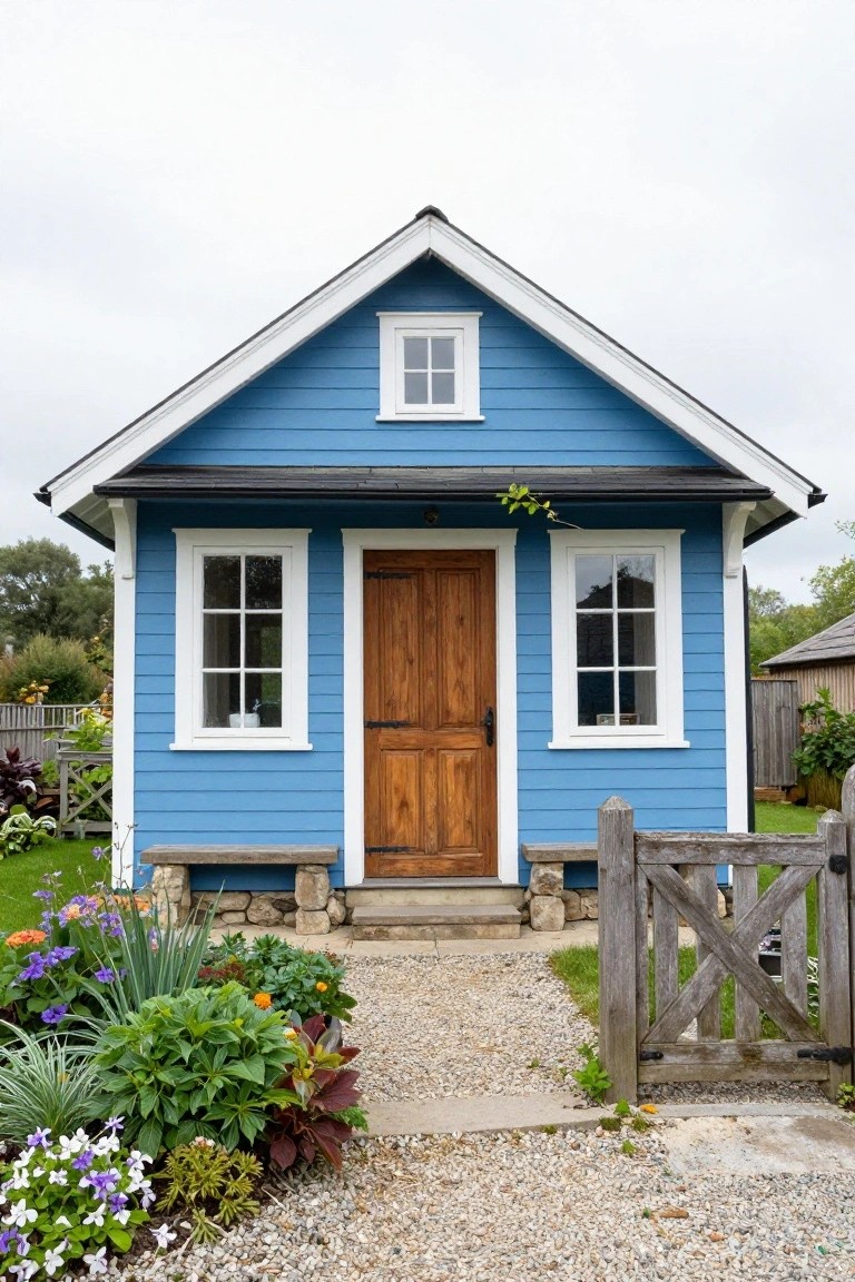 Small blue clapboard house with white trim, gabled roof, two side windows, central brown wooden door with black hardware, stone base, gravel path, wooden gate, and surrounding garden plants.