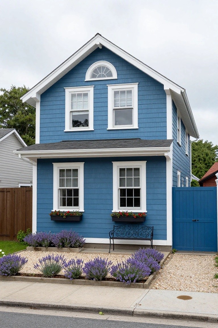 A two-story blue shingle-sided cottage house with white trim, gabled roof, arched attic window, front porch, flower boxes with red geraniums, lavender plants in gravel beds, a wrought-iron bench, blue side gate, and wood fence beside a sidewalk.