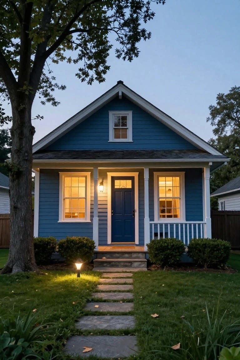 Blue shingle-style cottage house exterior at dusk with gabled roof, front porch featuring blue door and white columns, lit windows, stone pathway, path light, lawn, shrubs, and large tree nearby.