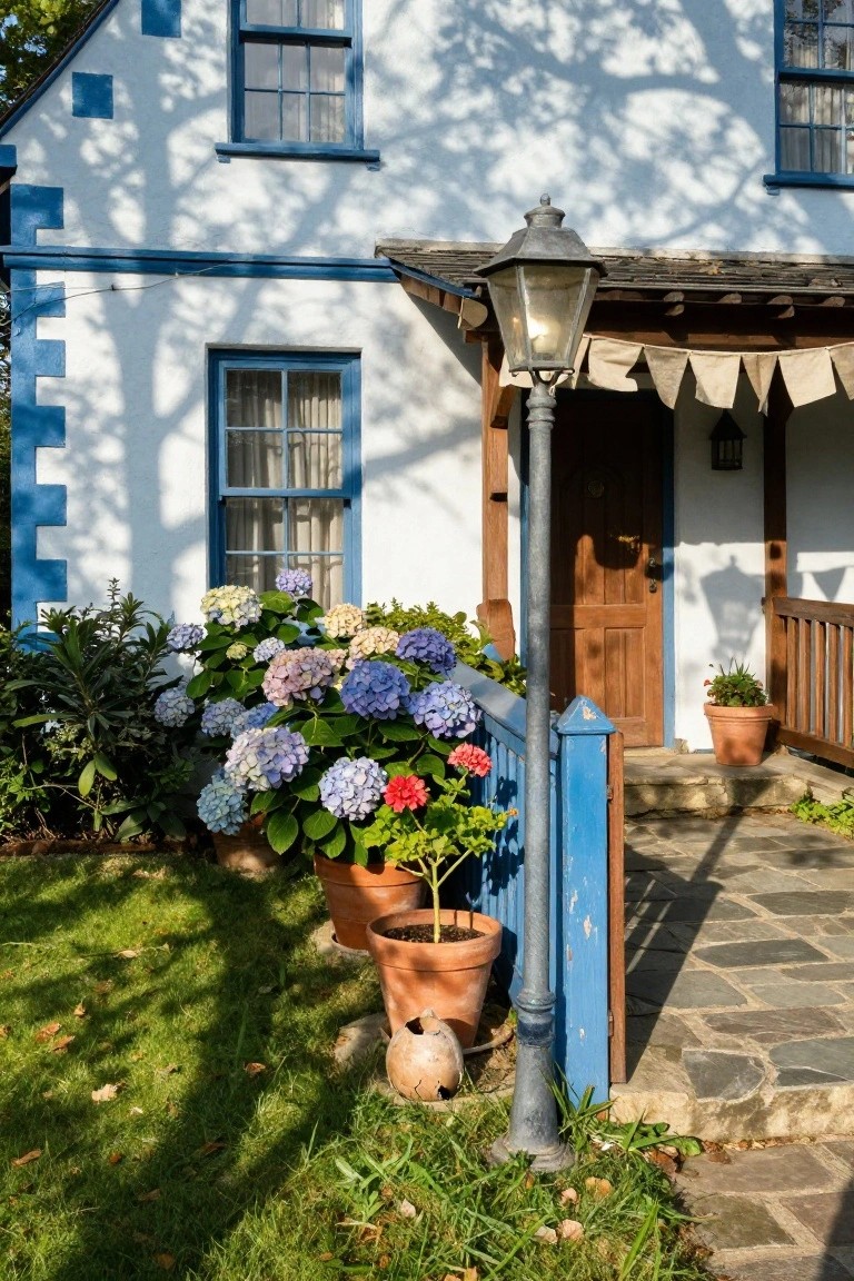 White cottage house with blue trim on windows and decorative panels, wooden front door under a covered porch with metal lantern post, surrounded by hydrangea shrubs in blue and pink tones, potted plants, and a blue fence rail.