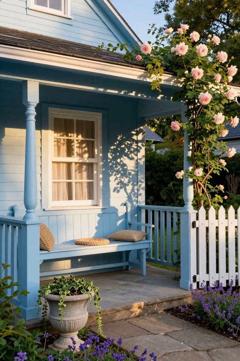 Light blue cottage-style house exterior with covered porch, wooden bench with cushions, climbing pink roses on the posts and roofline, white picket fence gate, potted plant on steps, lavender flowers, and stone pathway.