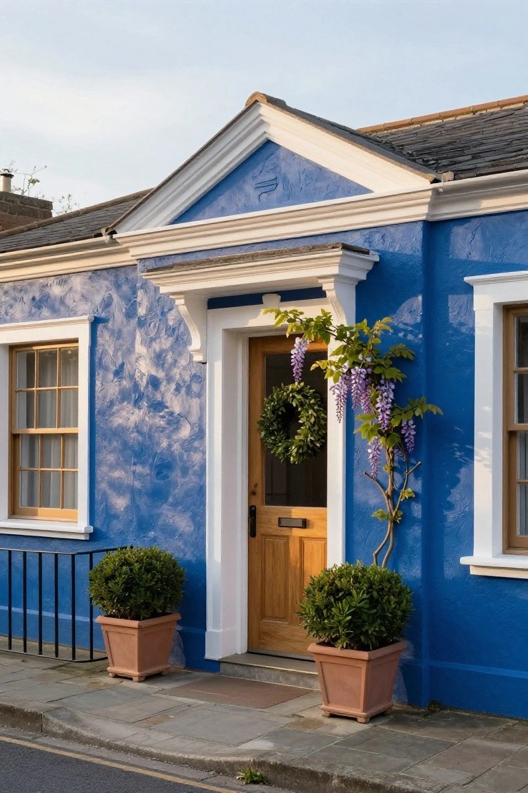 Blue painted cottage house exterior with white trim, wooden front door, wisteria vine on the wall, green wreath on door, and two terracotta pots of boxwood shrubs next to black railing on stone path.