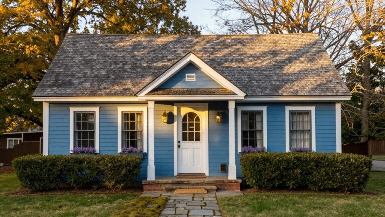 Blue shingle-style cottage house exterior with gabled roof, white-trimmed windows, covered front porch supported by brick columns, white door, stone pathway, boxwood shrubs, lavender plants, and potted topiary.