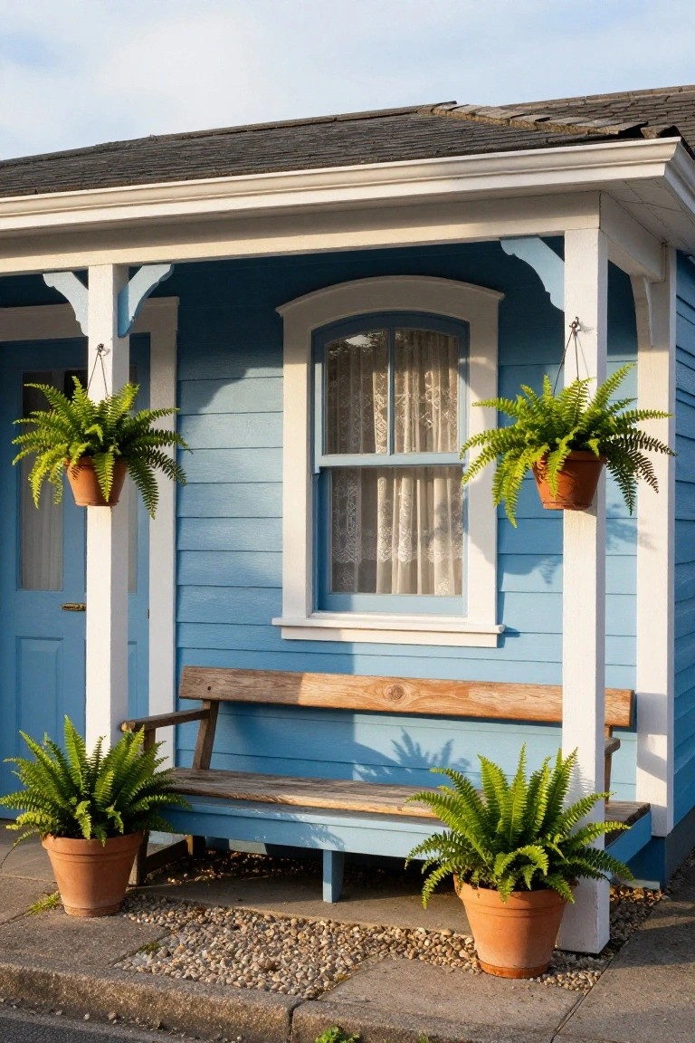 Blue wooden cottage exterior with white porch posts supporting hanging fern baskets, potted ferns on the ground and beside a weathered wooden bench, arched window with lace curtains, and gravel path.