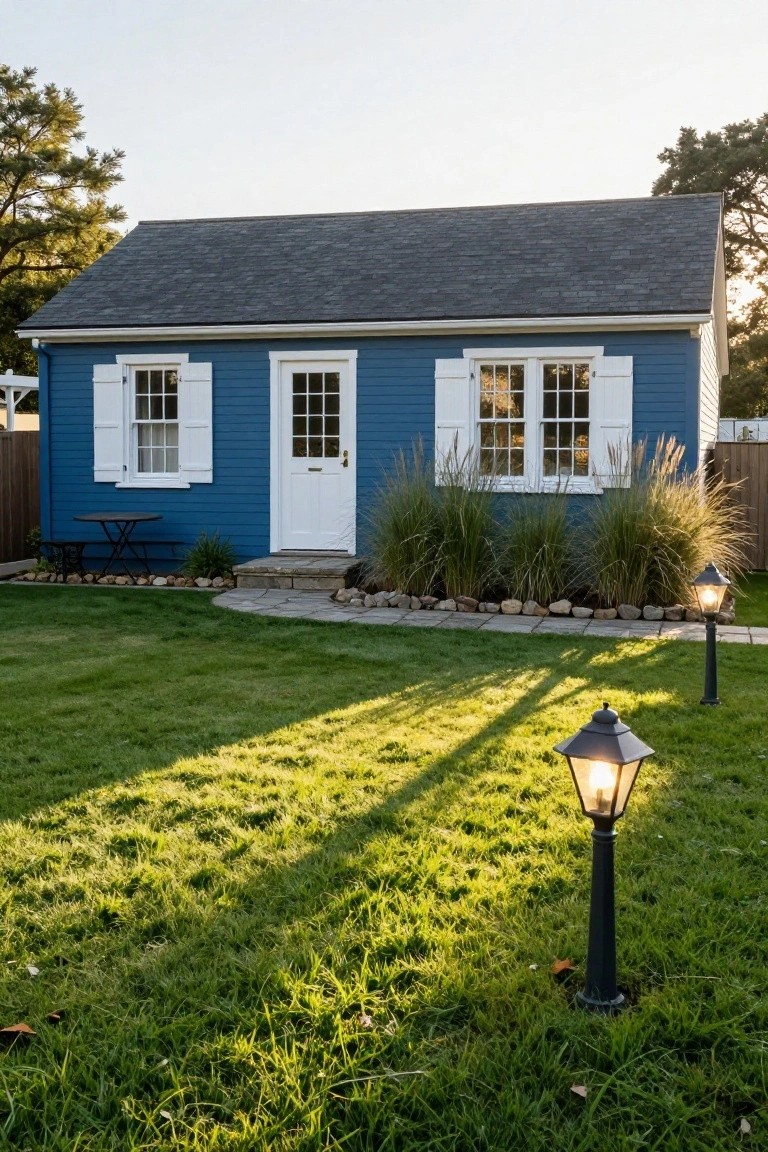 Small navy blue clapboard cottage house with white shutters, windows, and door, stone entry path, ornamental grasses, small table, and two lantern post lights on a green lawn at sunset.
