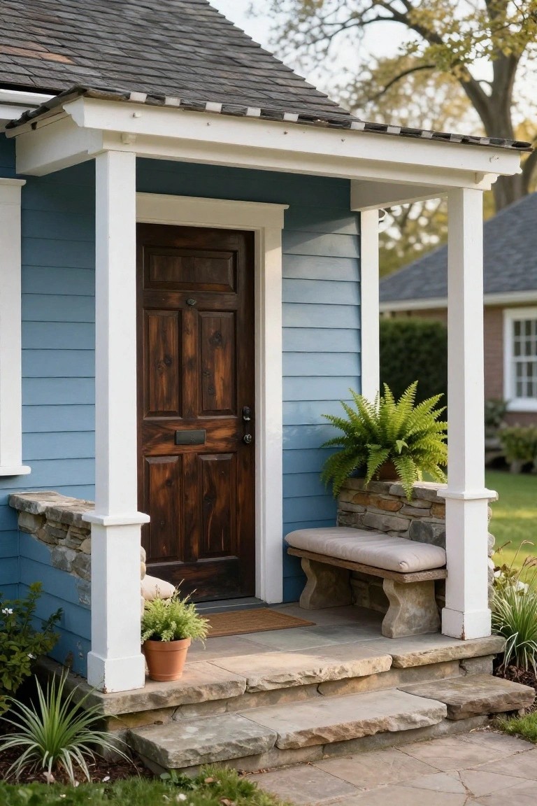 Blue shingle siding house exterior with covered front porch, dark wood paneled door, white columns, stone bench with beige cushion, potted ferns, and flagstone steps.