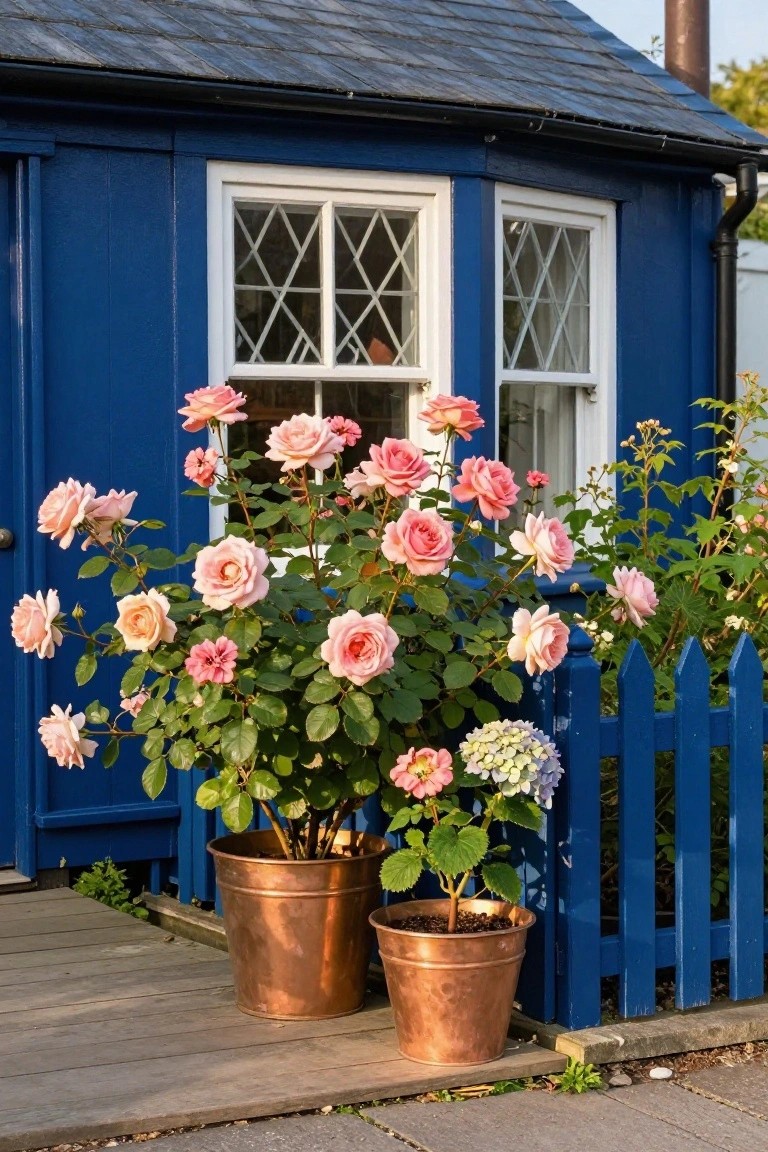Blue wooden shed with white lattice window and door, large copper pots of pink roses in front, smaller pot of pink flowers and blue picket fence nearby.