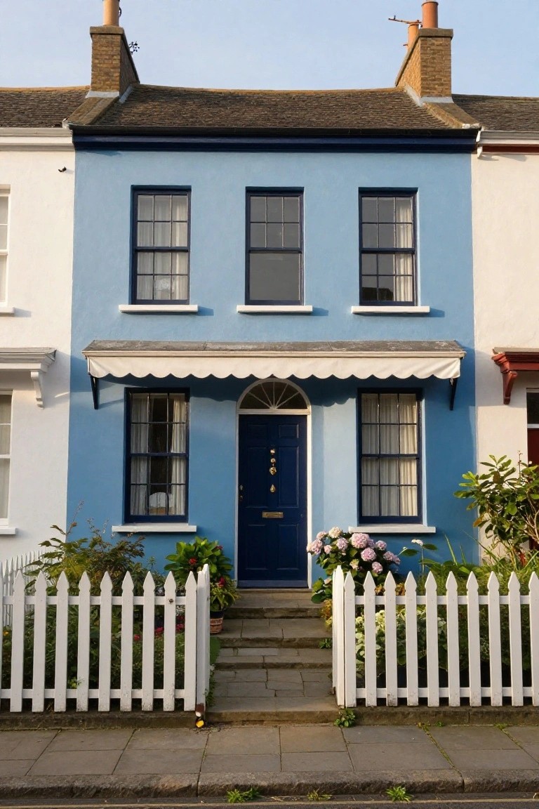 Blue two-story terraced house flanked by white houses, featuring white picket fence, hydrangea plants, steps to navy front door, and scalloped awning.