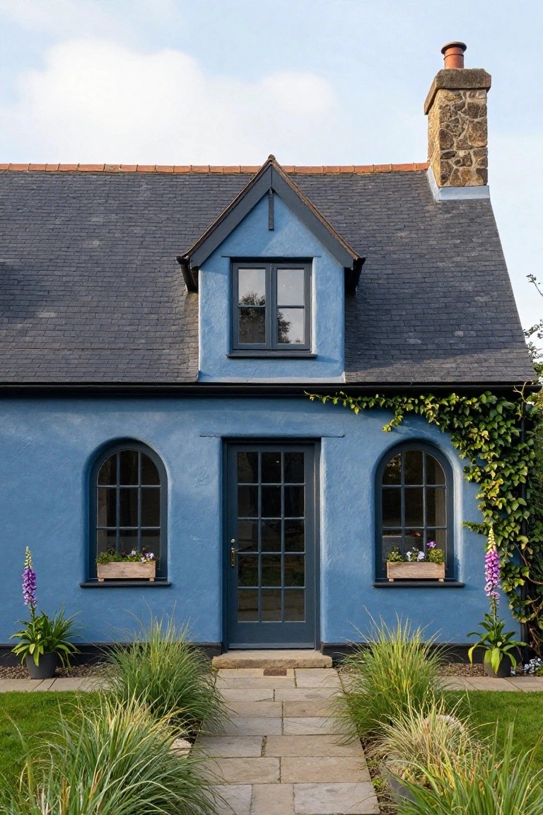 Blue-painted cottage-style house exterior featuring a central dark wood door flanked by dark-framed windows, one arched with flower box, slate roof with dormer, stone chimney, climbing ivy on right side, foxgloves in window boxes and pots, ornamental grasses along stone entry path.