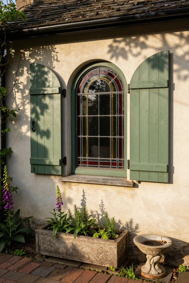 Arched multicolored stained glass window with green wooden shutters on a beige stucco exterior wall, foxglove plants and a stone planter box below, stone birdbath nearby.