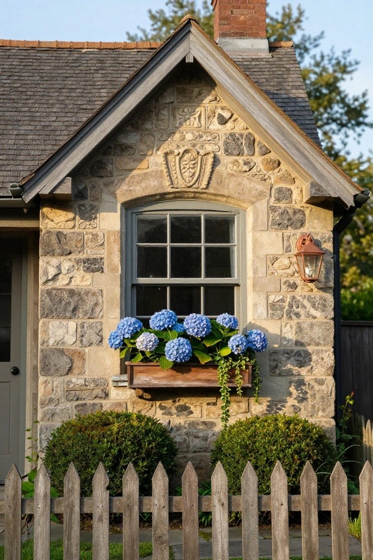 Gray stone cottage exterior detail showing an arched multipane window with a wooden window box filled with blue hydrangeas, a copper lantern beside it, shrubs below, and a picket fence in front.