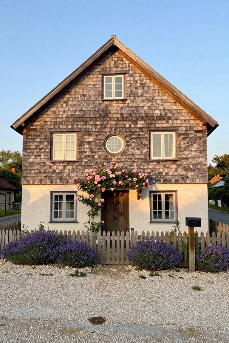 Two-story cottage with cedar shingle siding on upper half and white plaster lower half, white-framed multi-pane rectangular windows flanking the entry and a round window above, pink roses over wood door, lavender bushes by white picket fence, black mailbox, gravel driveway, blue sky.