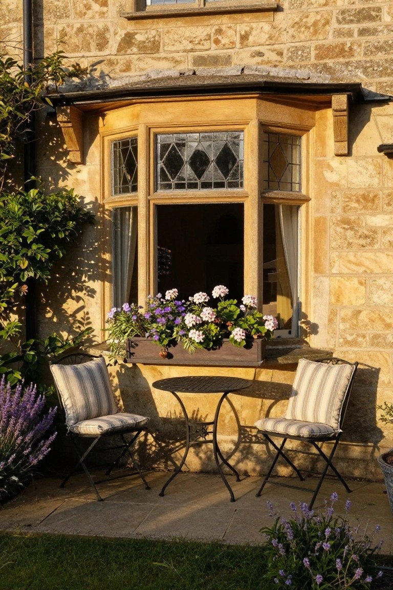 Stone cottage exterior with projecting bay window featuring stained glass diamond panes, wooden window box overflowing with pink and purple flowers, small metal bistro table and two striped chairs on patio slab below, surrounded by lavender plants and grass.