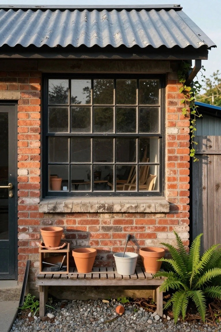Red brick exterior wall of a small building with a large black metal framed multi-pane window, wooden door, corrugated metal roof overhang, wooden bench holding potted plants, white bucket, ferns, and gravel ground.