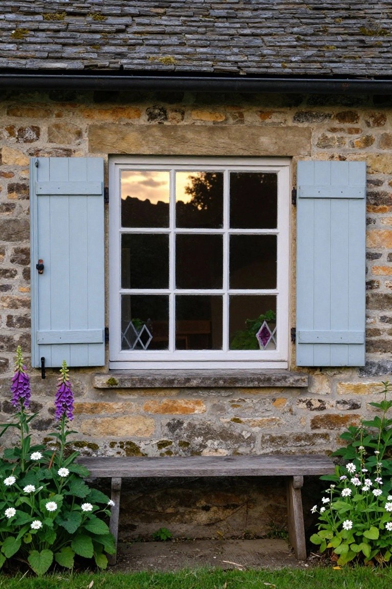 Stone cottage wall featuring a six-pane window with open light blue shutters, purple foxgloves on both sides, white flowering plants, and a wooden bench below against a grassy yard.