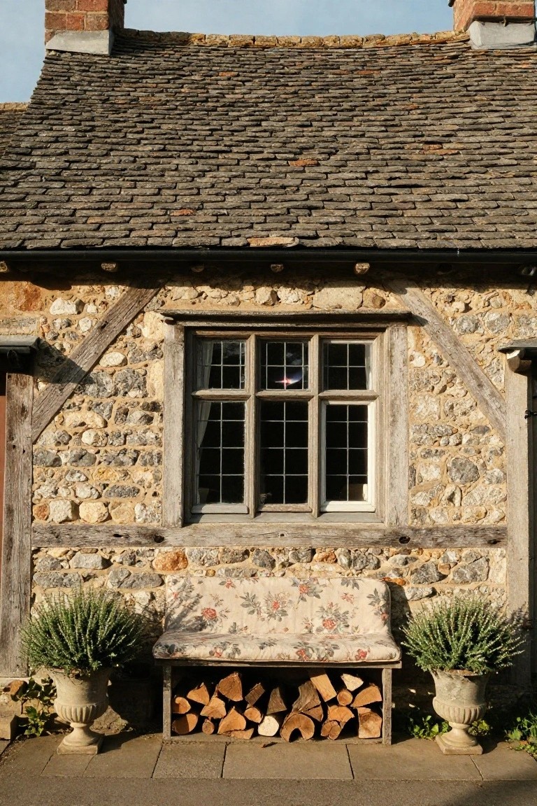 Rustic stone cottage wall with timber framing and large multi-pane divided-light window, below which sits a floral-upholstered bench stacked with firewood and flanked by potted lavender plants on a paved area.