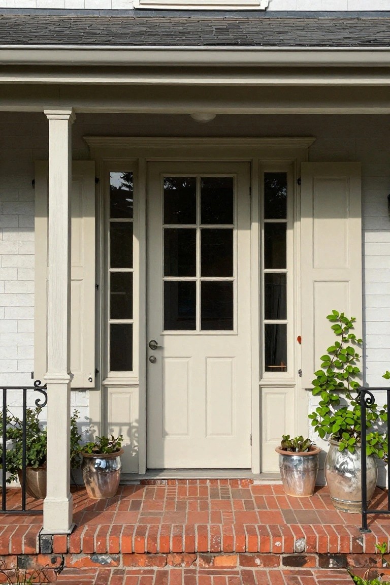 Cream-colored front door with six-over-six glass panels flanked by narrow sidelight windows with matching grids, on a white brick house under a porch with columns, brick steps, and potted plants.