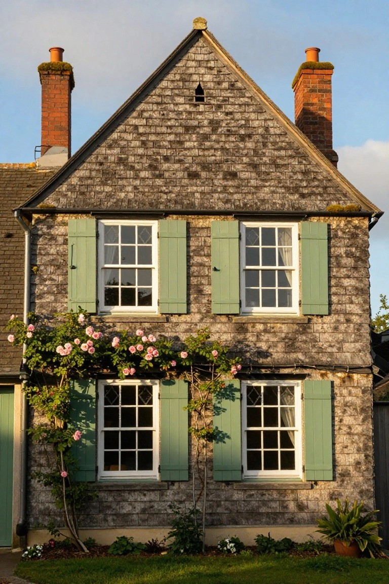 Two-story shingled cottage house exterior with green shutters on multi-pane sash windows, climbing pink roses on the walls, brick chimneys, and a small front garden with plants.